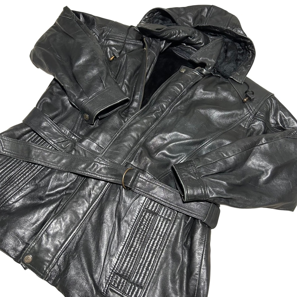 Real Leather Hooded Parka Jacket Women XS Black Belted Faux Fur Lined Padded